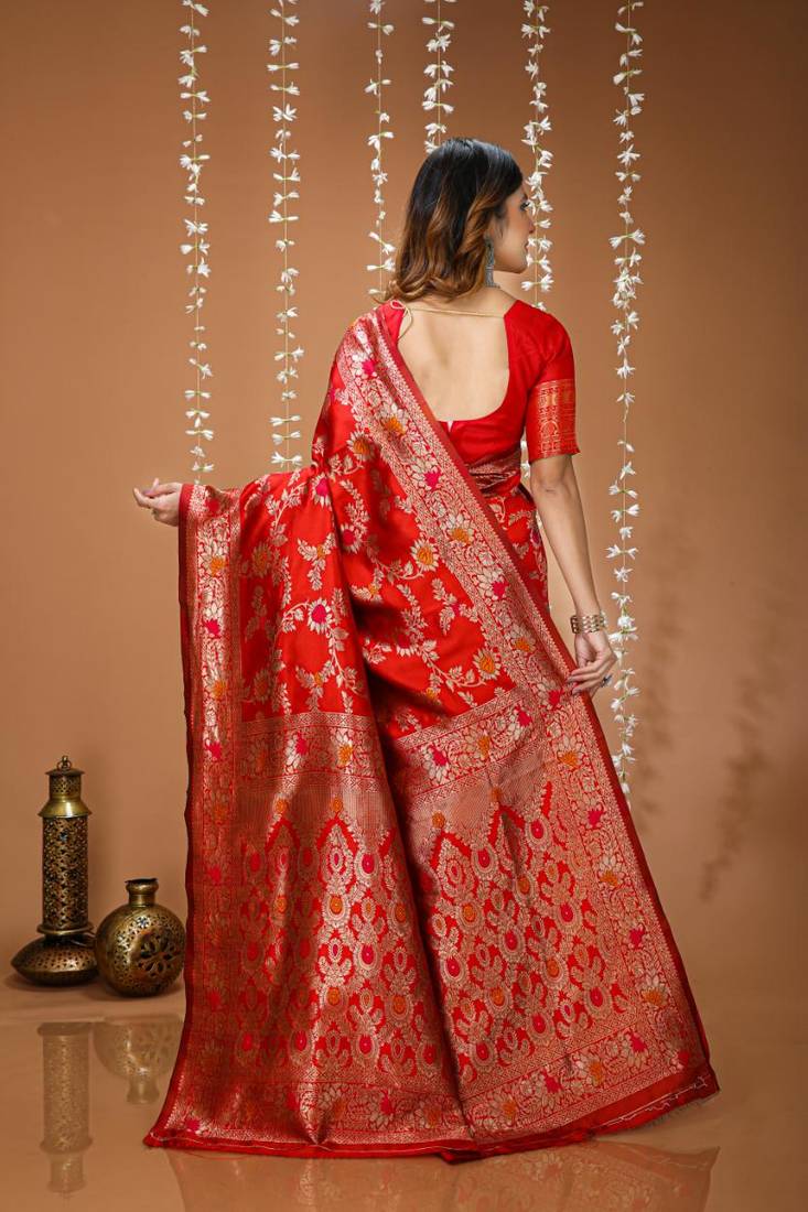 red silk blend zari woven saree