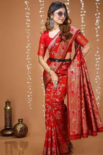 red silk blend zari woven saree