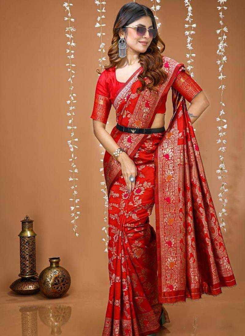 red silk blend zari woven saree
