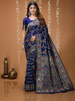 dark blue silk blend zari woven saree 1