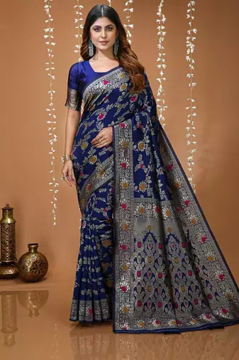 dark blue silk blend zari woven saree