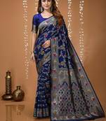 dark blue silk blend zari woven saree