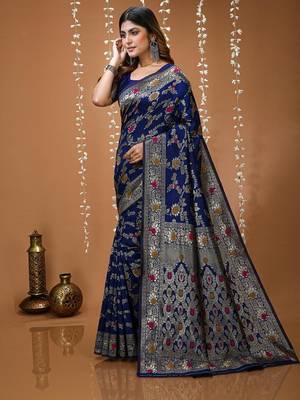 dark blue silk blend zari woven saree 2