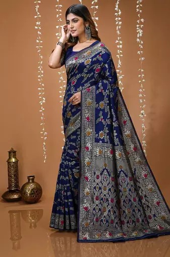 dark blue silk blend zari woven saree
