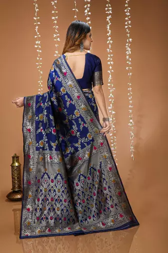 dark blue silk blend zari woven saree