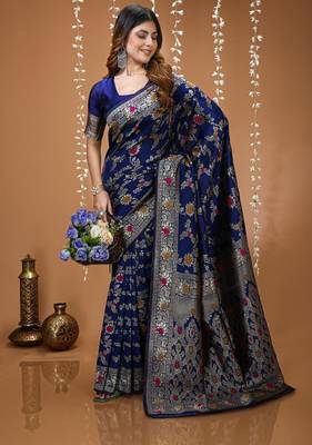 dark blue silk blend zari woven saree 4