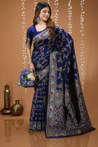 dark blue silk blend zari woven saree