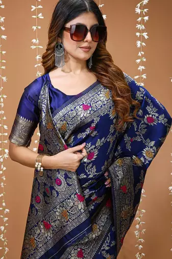 dark blue silk blend zari woven saree