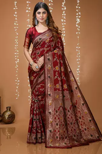 maroon silk blend zari woven saree
