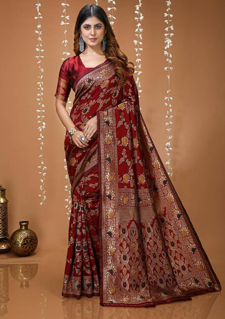 maroon silk blend zari woven saree