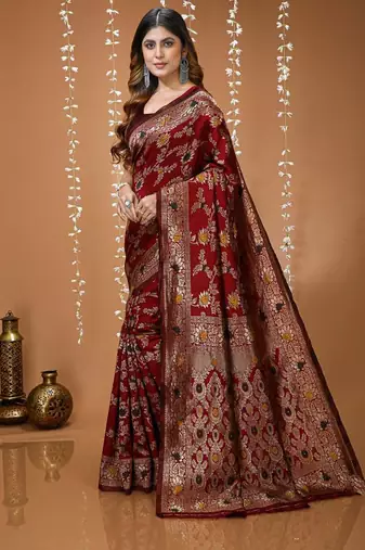 maroon silk blend zari woven saree