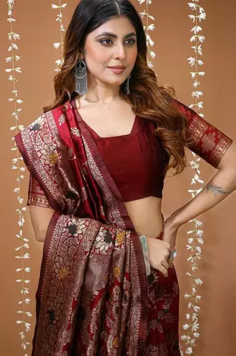 maroon silk blend zari woven saree