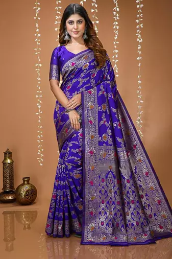 blue silk blend zari woven saree