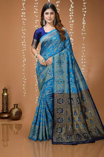 sky blue silk blend zari woven saree