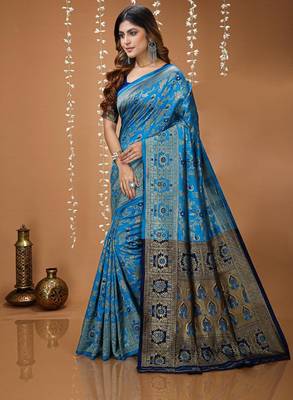 sky blue silk blend zari woven saree 2