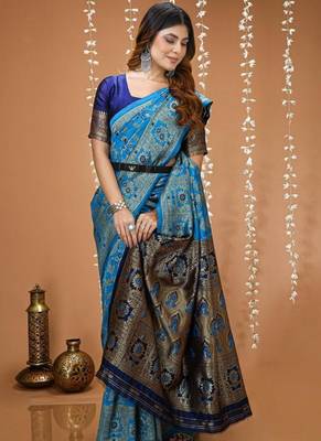 sky blue silk blend zari woven saree 4