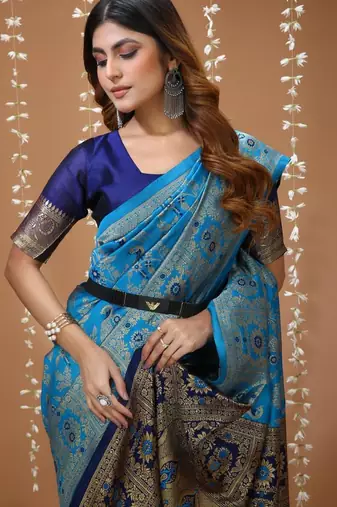 sky blue silk blend zari woven saree