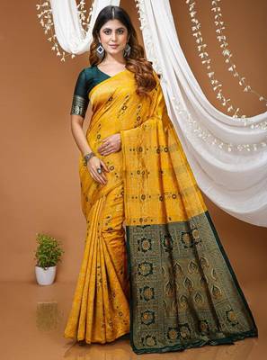 yellow silk blend zari woven saree 1