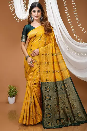 yellow silk blend zari woven saree