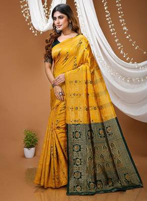 yellow silk blend zari woven saree 2