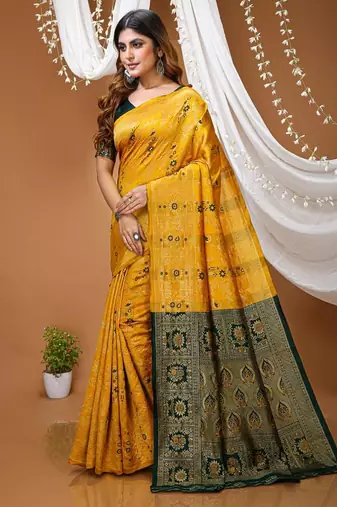 yellow silk blend zari woven saree