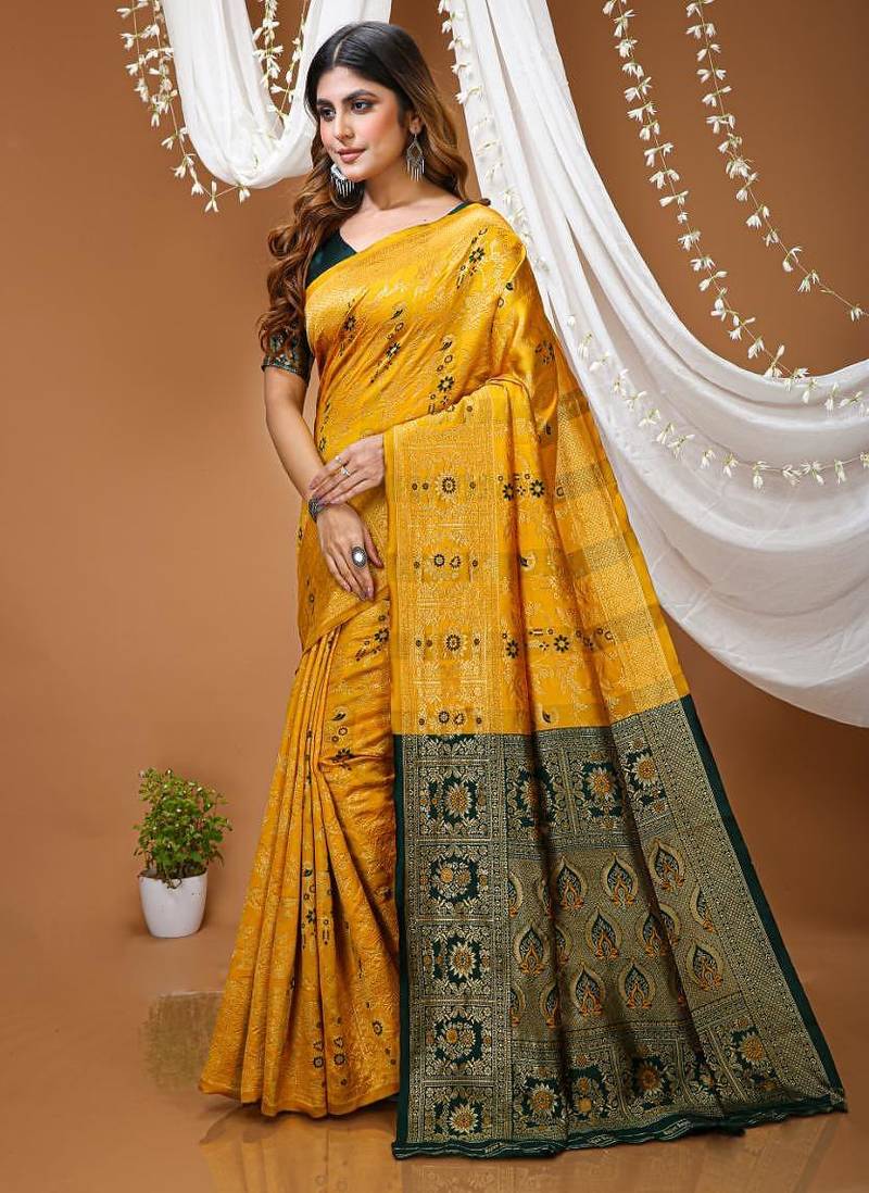 yellow silk blend zari woven saree