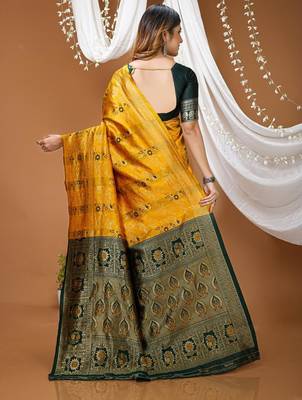 yellow silk blend zari woven saree 3