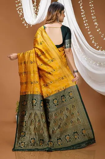 yellow silk blend zari woven saree