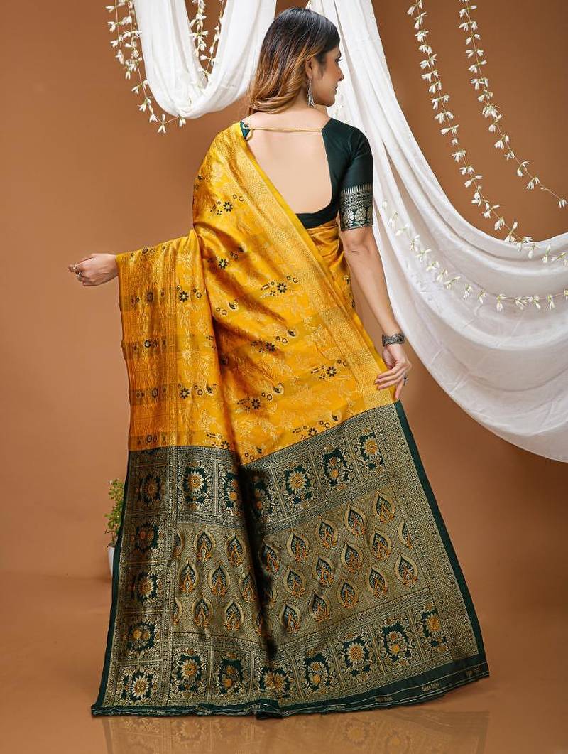 yellow silk blend zari woven saree