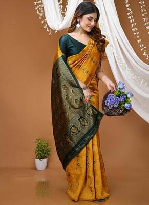 yellow silk blend zari woven saree 4