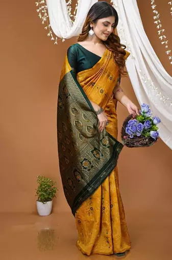 yellow silk blend zari woven saree
