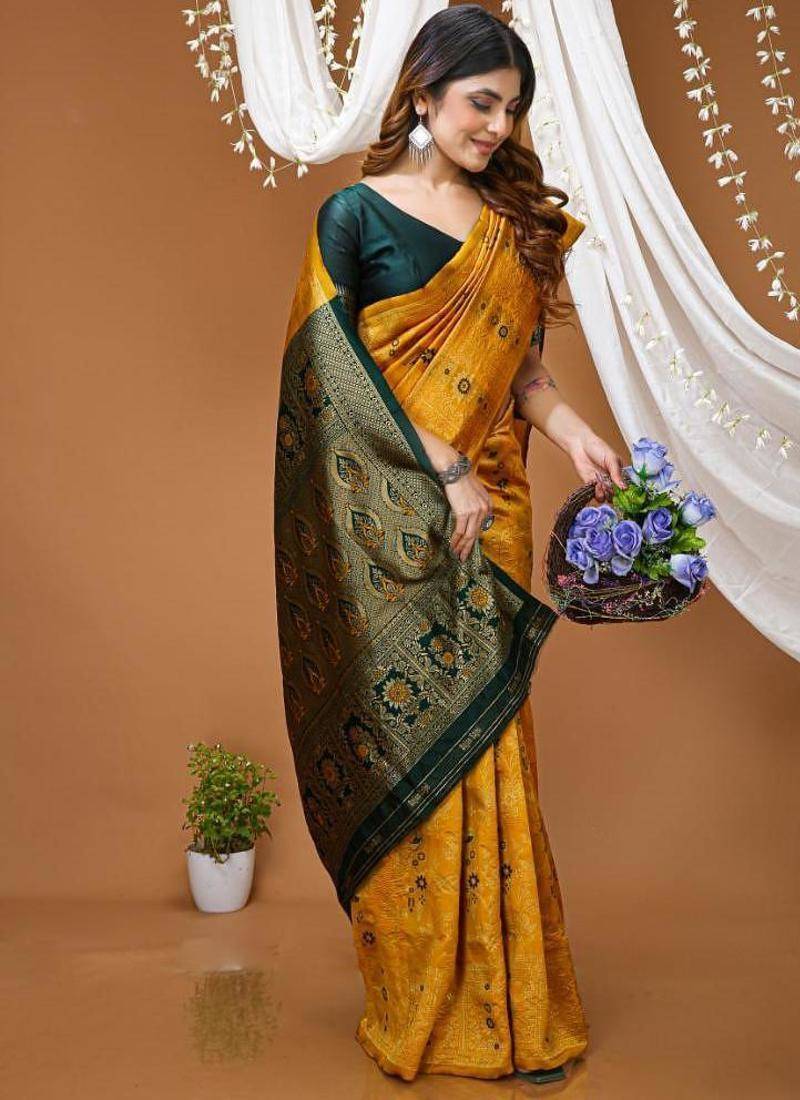 yellow silk blend zari woven saree