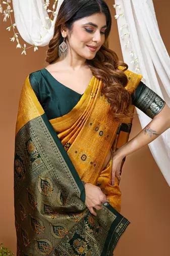 yellow silk blend zari woven saree