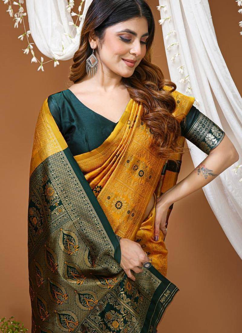 yellow silk blend zari woven saree