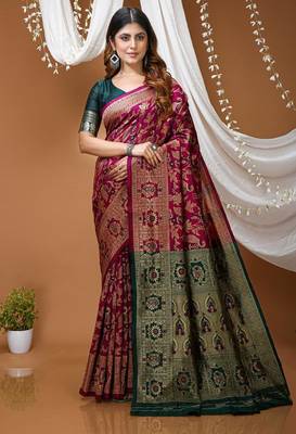 wine silk blend zari woven saree 1