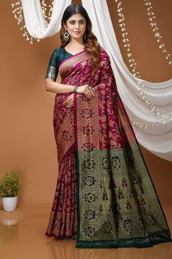 wine silk blend zari woven saree