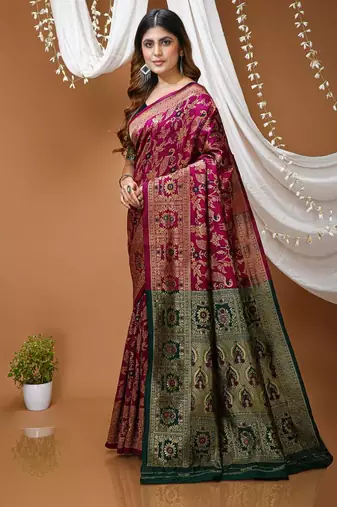 wine silk blend zari woven saree