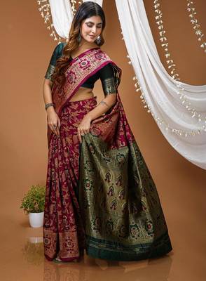 wine silk blend zari woven saree 4