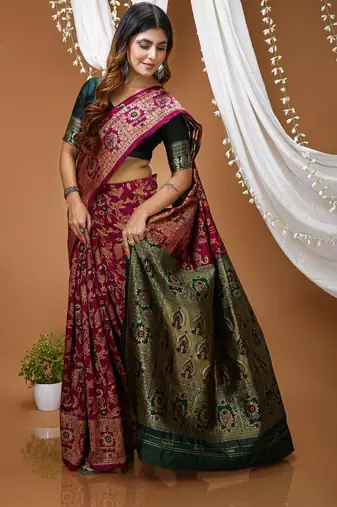 wine silk blend zari woven saree