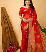 red organza sequin saree