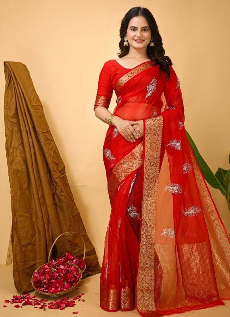 red organza sequin saree