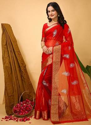 red organza sequin saree 2