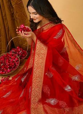 red organza sequin saree 4