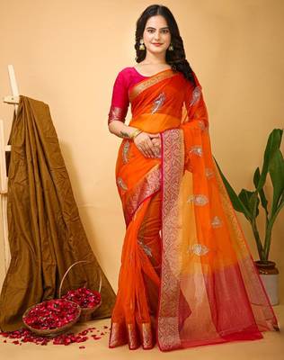 orange organza sequin saree 1