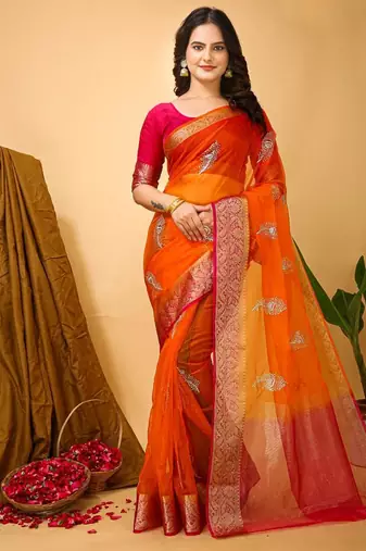 orange organza sequin saree