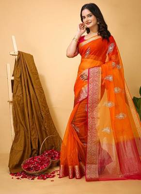 orange organza sequin saree 2
