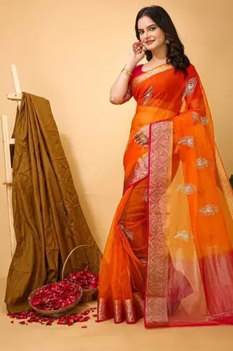 orange organza sequin saree