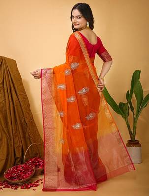 orange organza sequin saree 3