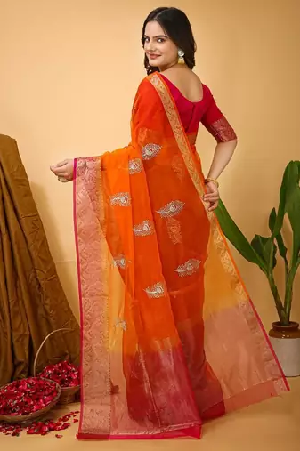 orange organza sequin saree