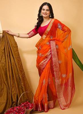 orange organza sequin saree 4